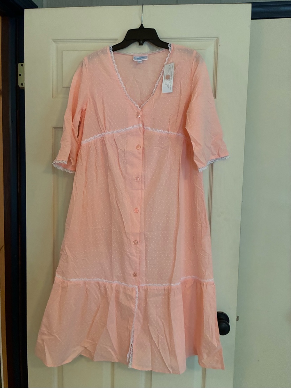 Peach Button-Front Cotton Dress with Lace Trim